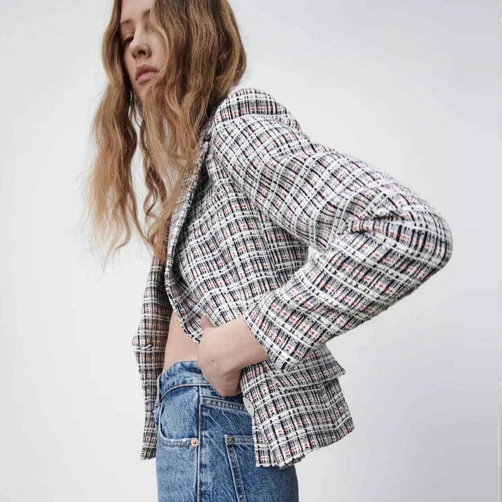 Zara - Textured Double Breasted Tweed Blazer - Blue/White/Red - Picture 2 of 16